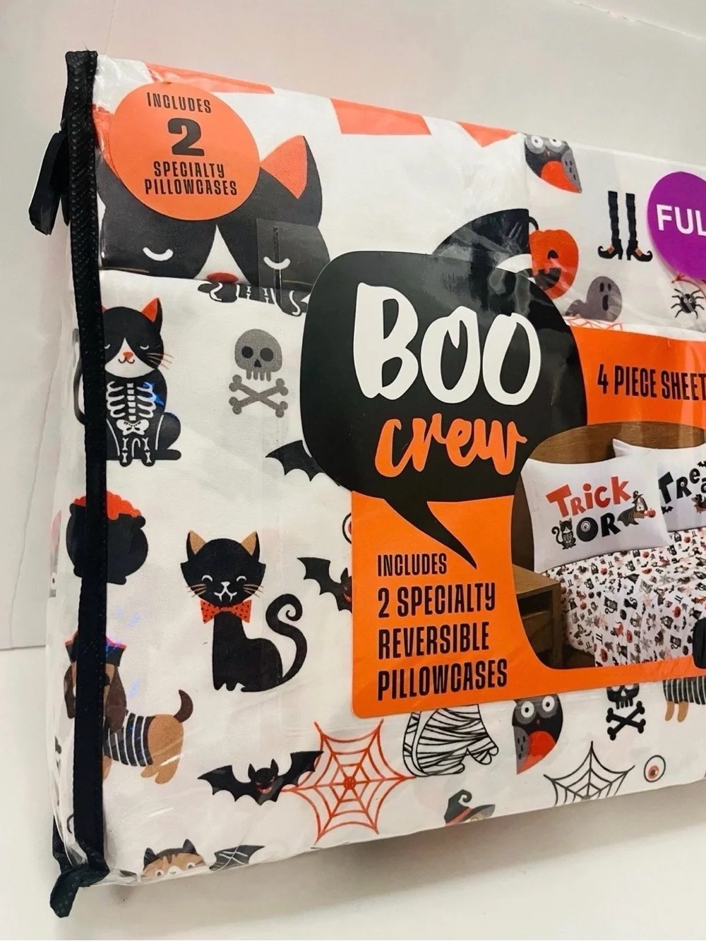 Boo Crew Halloween Full Size Sheet Set Cats Skulls Cobwebs Spiders Owls Dog Cat